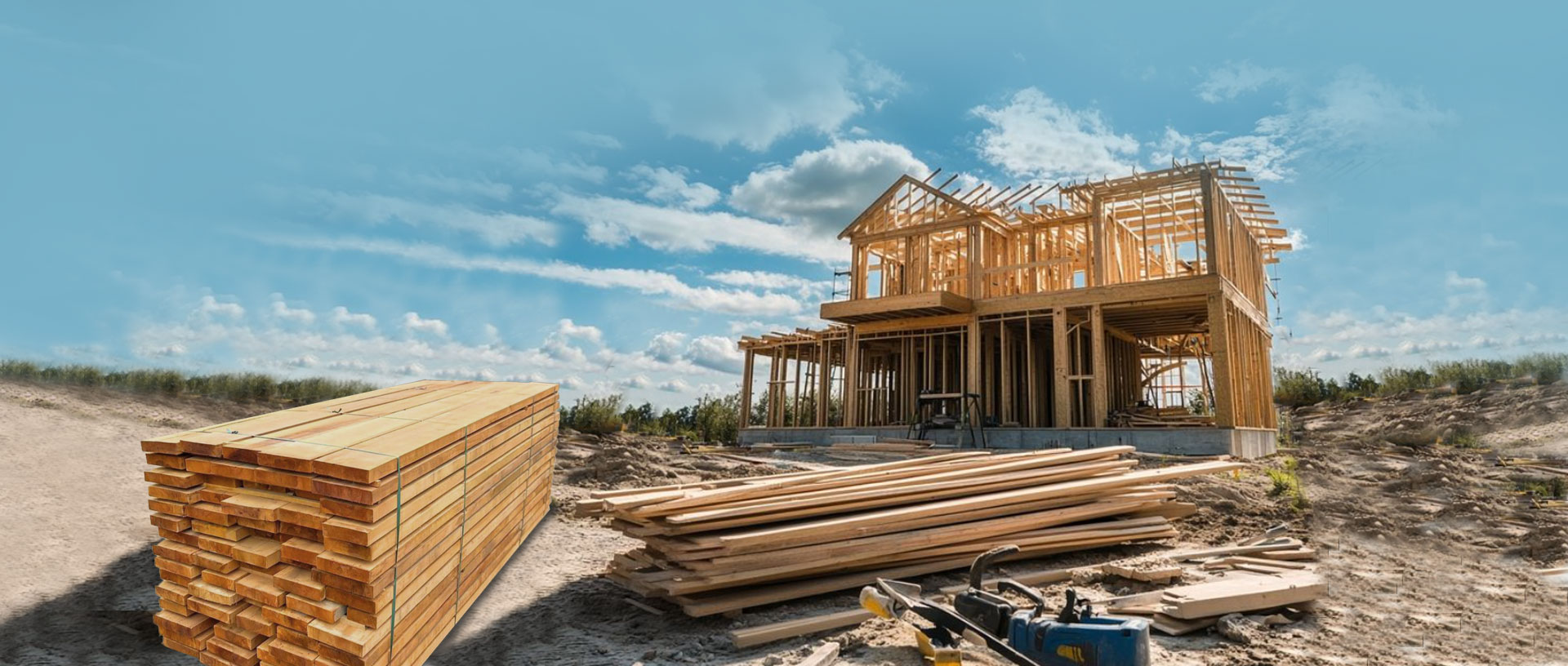 Casa en construcción con estructura de madera y paquetes de madera dimensionada